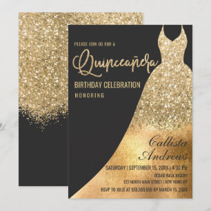 Glamourous Black Gold Glitter Dress Quinceañera Invitation