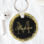 Glamourous Black Gold Glitter Monogram Name Key Ring<br><div class="desc">Easily personalise this luxury glam gold glitter framed keychain with your custom name and monogram.</div>