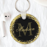 Glamourous Black Gold Glitter Monogram Name Key Ring<br><div class="desc">Easily personalise this luxury glam gold glitter framed keychain with your custom name and monogram.</div>