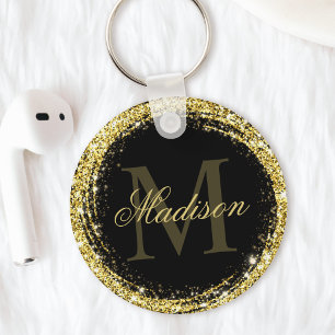 Glamourous Black Gold Glitter Monogram Name Key Ring