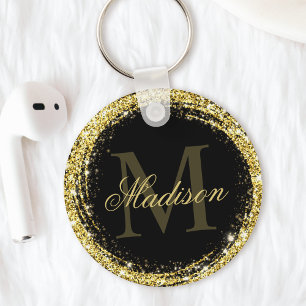 Glamourous Black Gold Glitter Monogram Name Key Ring