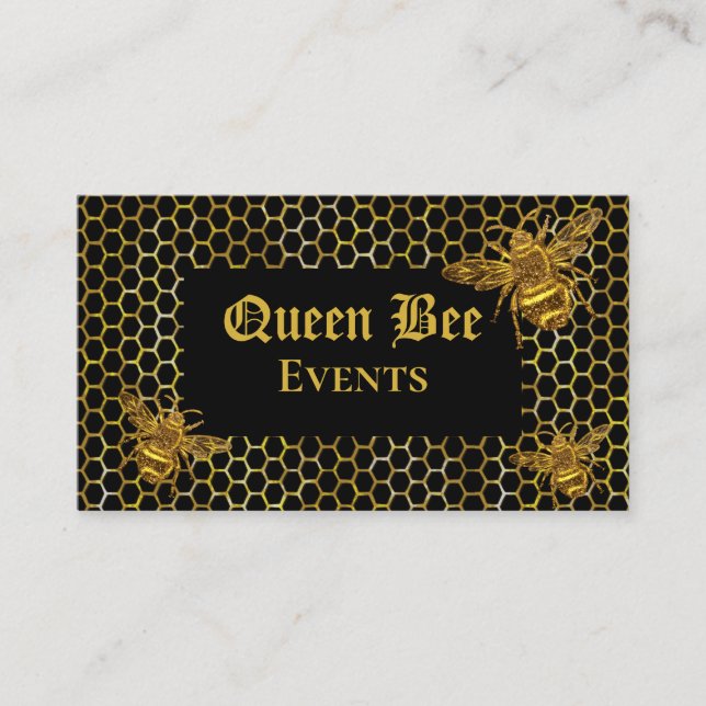 Glamourous Black Gold Queen Bee Events Production Business Card (Front)