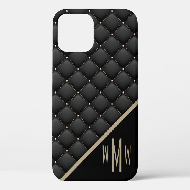 Glamourous Black Gold Quilted Pattern Monogram Case-Mate iPhone Case (Back)