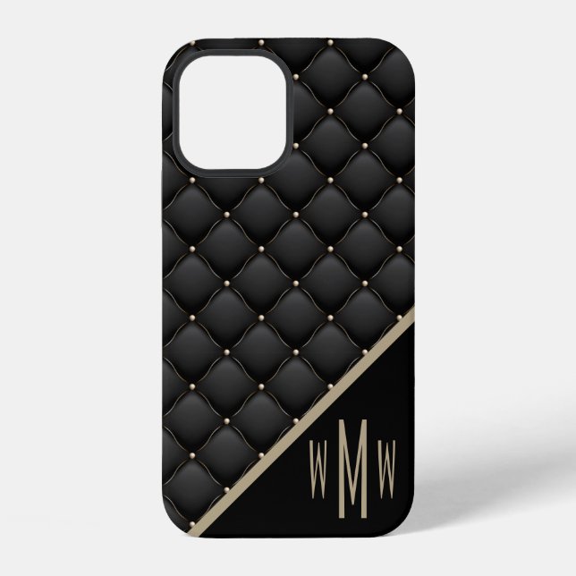 Glamourous Black Gold Quilted Pattern Monogram iPhone Case (Back)