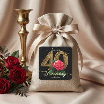 Glamourous Black Gold Red Rose Floral 40th Birthda
