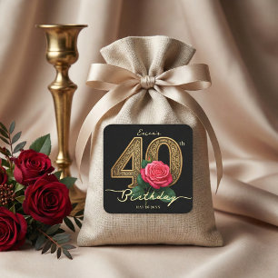 Glamourous Black Gold Red Rose Floral 40th Birthda Square Sticker