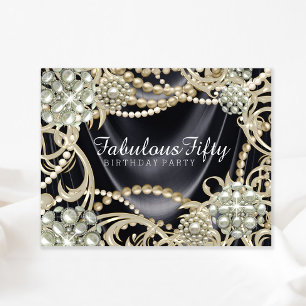 Glamourous Black Ivory Pearl Birthday Party Invitation