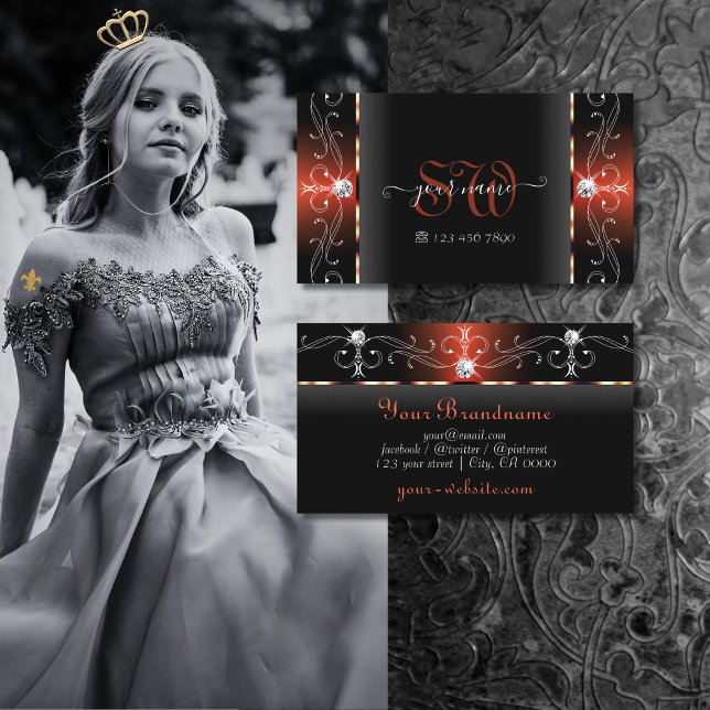 Glamourous Black Lava Red Squiggled Jewels Monogra Business Card (Creator Uploaded)