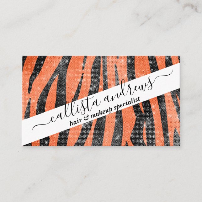Glamourous Black Orange Glitter Animal Tiger Strip Business Card (Front)