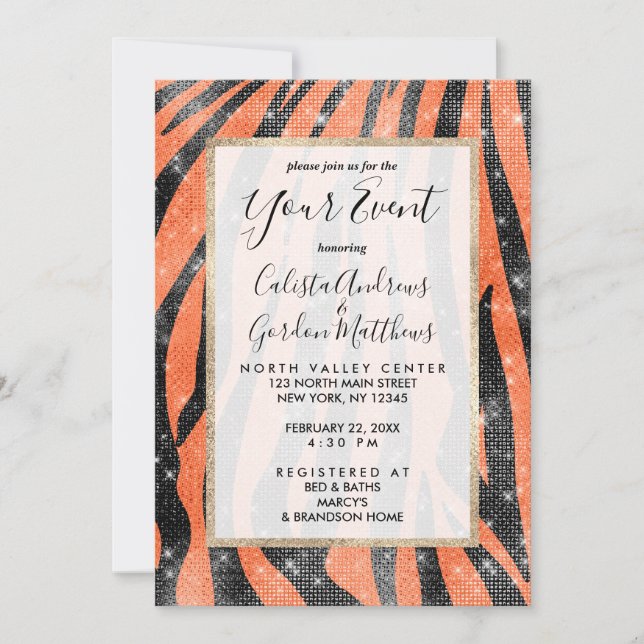 Glamourous Black Orange Glitter Animal Tiger Strip Invitation (Front)
