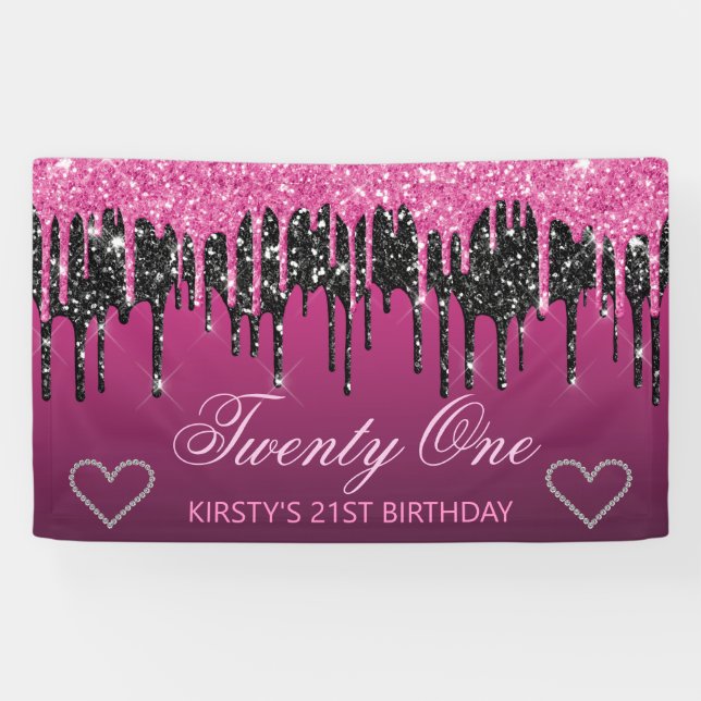 Glamourous Black & Pink Dripping Glitter Birthday  Banner (Horizontal)