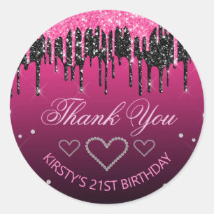 Glamourous Black & Pink Dripping Glitter Birthday Classic Round Sticker