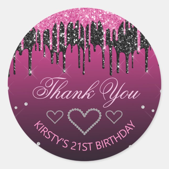 Glamourous Black & Pink Dripping Glitter Birthday Classic Round Sticker (Front)