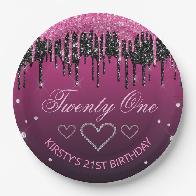 Glamourous Black & Pink Dripping Glitter Birthday Paper Plate (Front)