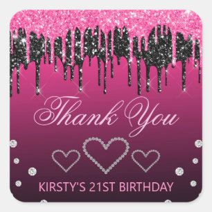 Glamourous Black & Pink Dripping Glitter Birthday  Square Sticker
