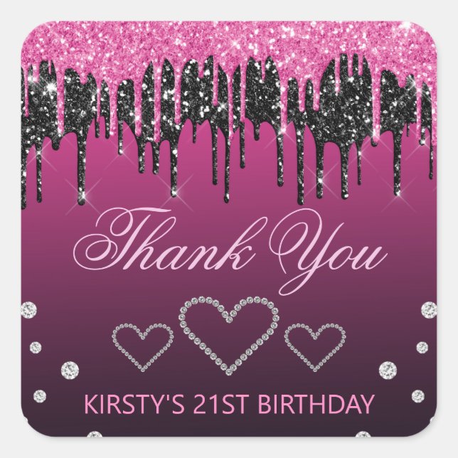 Glamourous Black & Pink Dripping Glitter Birthday  Square Sticker (Front)