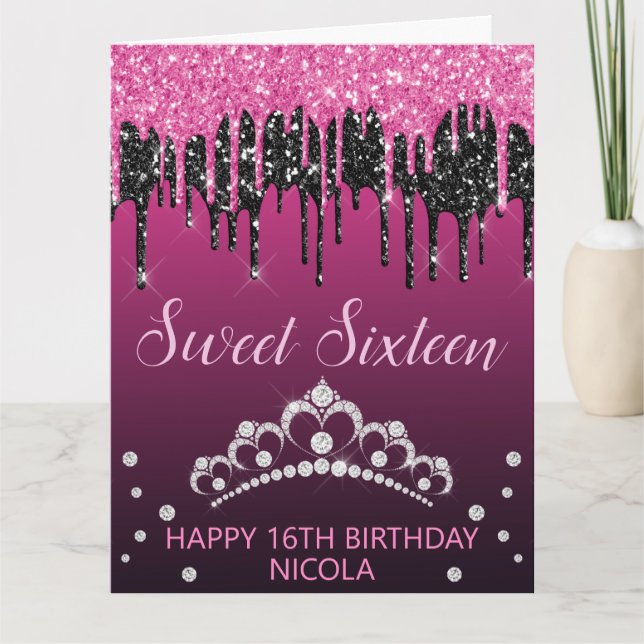 Glamourous Black & Pink Dripping Glitter Sweet 16 Card (Front)