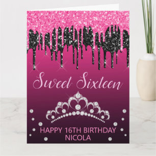 Glamourous Black & Pink Dripping Glitter Sweet 16 Card