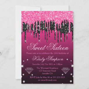Glamourous Black & Pink Dripping Glitter Sweet 16 Invitation