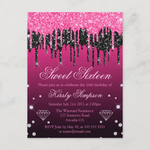 Glamourous Black & Pink Dripping Glitter Sweet 16 Postcard