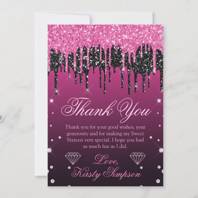 Glamourous Black & Pink Dripping Glitter Sweet 16 Thank You Card (Front)