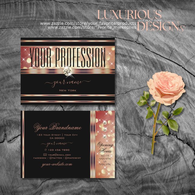 Glamourous Black Rose Gold Glitter Sparkle Diamond Business Card (Creator Uploaded)
