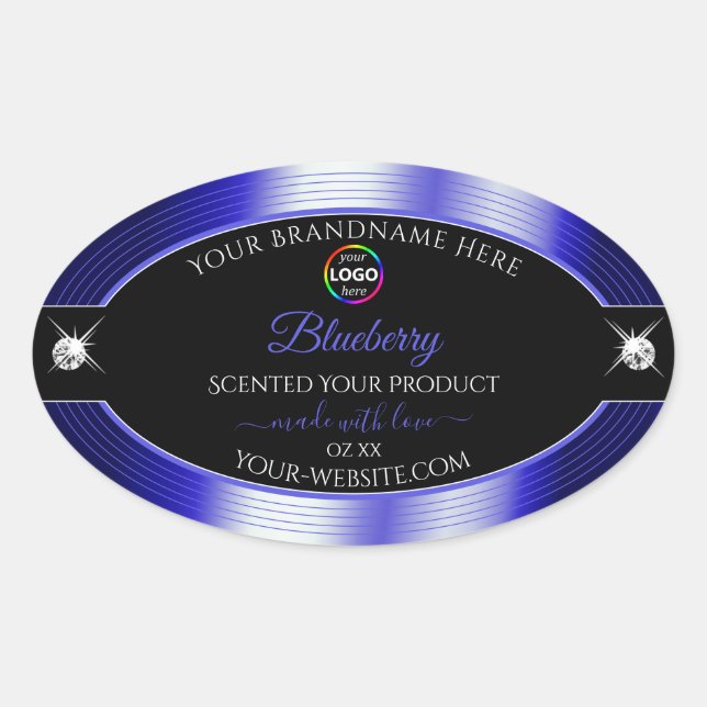 Glamourous Black Shiny Blue with Logo Product Labe Oval Sticker (Front)