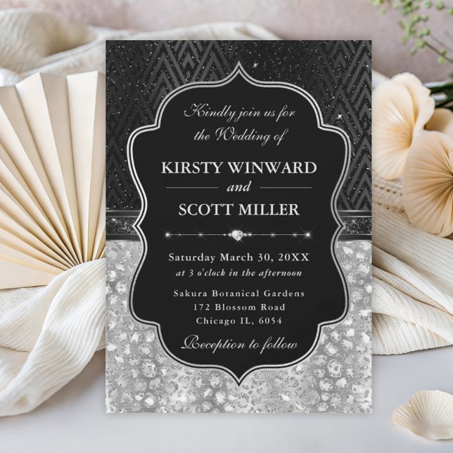 Glamourous Black Silver Leopard Spots Wedding Invitation (Creator Uploaded)
