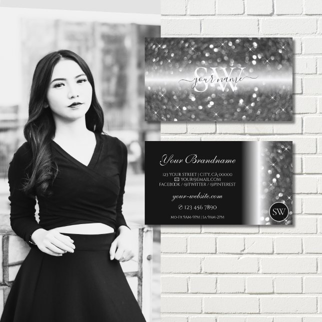 Glamourous Black Silver Sparkling Glitter Monogram Business Card (Creator Uploaded)