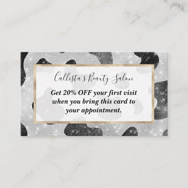 Glamourous Black Sparkly Glitter Sequins Cow Print Discount Card (Front)