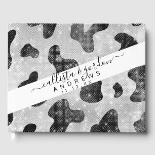 Glamourous Black Sparkly Glitter Sequins Cow Print Guest Book