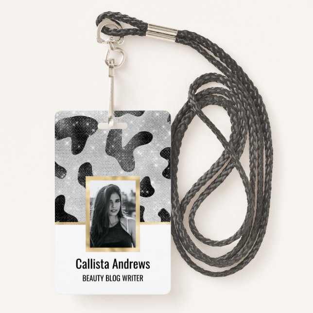 Glamourous Black Sparkly Glitter Sequins Cow Print ID Badge (Front with Lanyard)