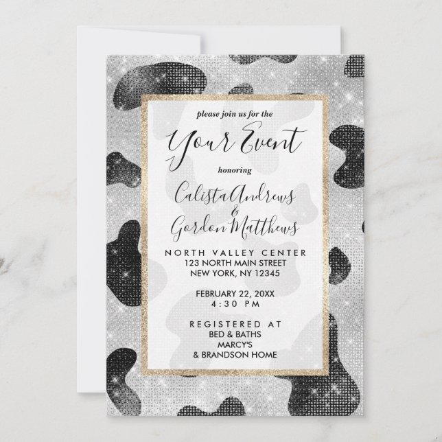 Glamourous Black Sparkly Glitter Sequins Cow Print Invitation (Front)