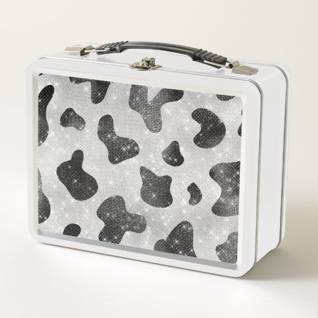 Glamourous Black Sparkly Glitter Sequins Cow Print Metal Lunch Box (Front)