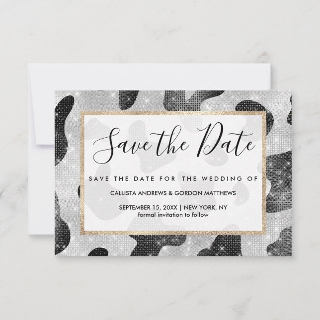 Glamourous Black Sparkly Glitter Sequins Cow Print Save The Date (Front)