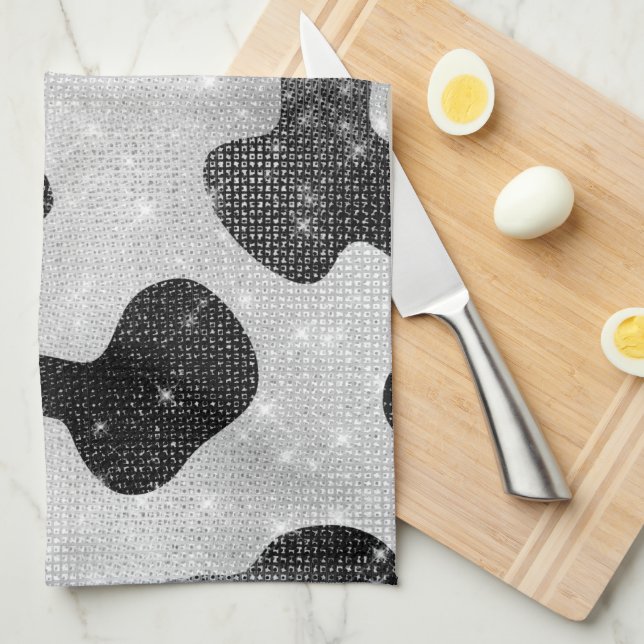 Glamourous Black Sparkly Glitter Sequins Cow Print Tea Towel (Quarter Fold)