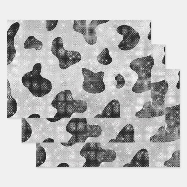 Glamourous Black Sparkly Glitter Sequins Cow Print Wrapping Paper Sheet (Set)