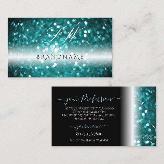 Glamourous Black Teal Sparkling Glitter Initials Business Card (Front/Back)