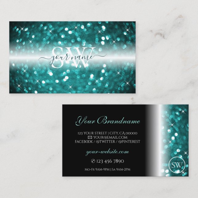 Glamourous Black Teal Sparkling Glitter Monogram Business Card (Front/Back)
