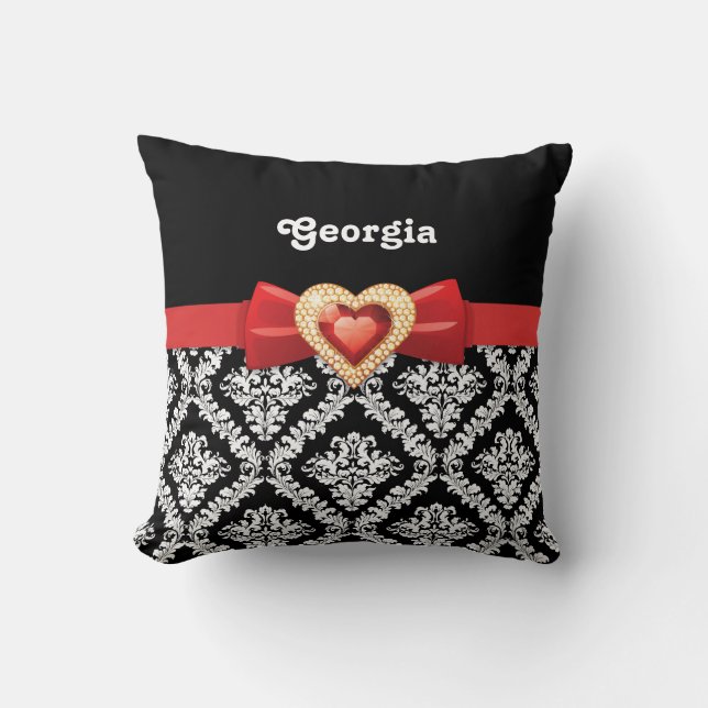 Glamourous Black white damask & red bow and jewel Cushion (Front)