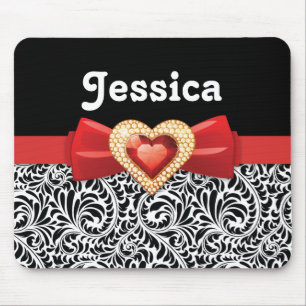 Glamourous Black white damask & red bow and jewel Mouse Mat