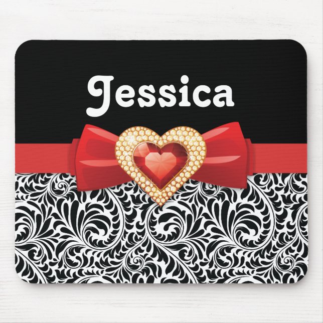 Glamourous Black white damask & red bow and jewel Mouse Mat (Front)