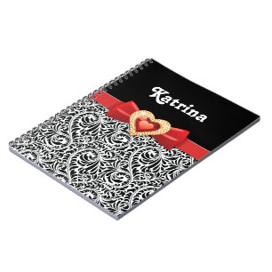 Glamourous Black white damask & red bow and jewel Notebook