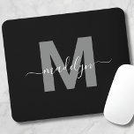 Glamourous Black White Name Monogram Mouse Mat<br><div class="desc">Personalised Elegant Modern Black and White Script Initial Monogram Mouse Pad. Add a touch of sophistication to your workspace with this chic mouse pad. It features a sleek grey initial centred on a crisp black background, complemented by a clean and modern design. Combining elegance with practicality, this mouse pad is...</div>