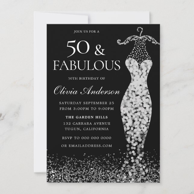 Glamourous Black & White Silver Dress 50th Birthda Invitation (Front)