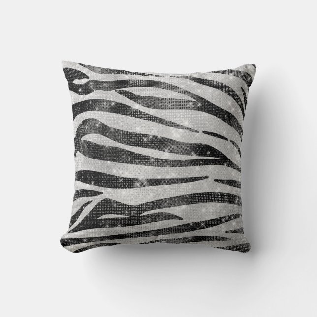 Glamourous Black White Sparkly Glitter Zebra Strip Cushion (Front)