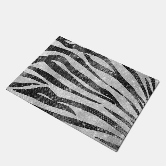 Glamourous Black White Sparkly Glitter Zebra Strip Doormat (Angled)