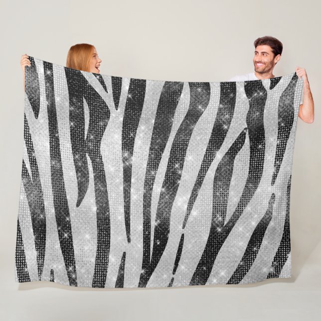 Glamourous Black White Sparkly Glitter Zebra Strip Fleece Blanket (In Situ)