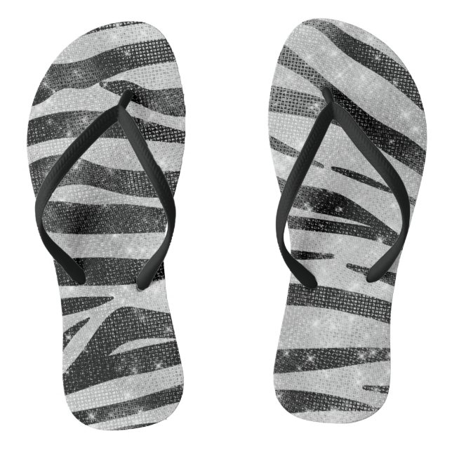 Glamourous Black White Sparkly Glitter Zebra Strip Flip Flops (Footbed)
