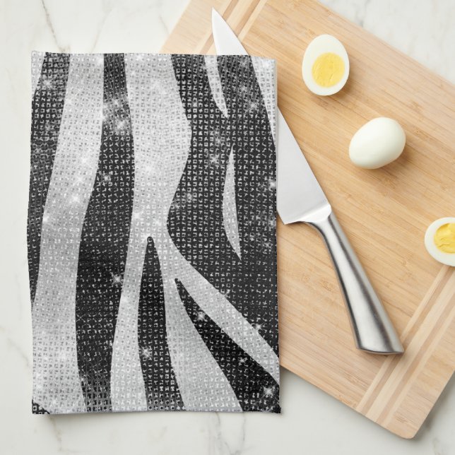 Glamourous Black White Sparkly Glitter Zebra Strip Tea Towel (Quarter Fold)